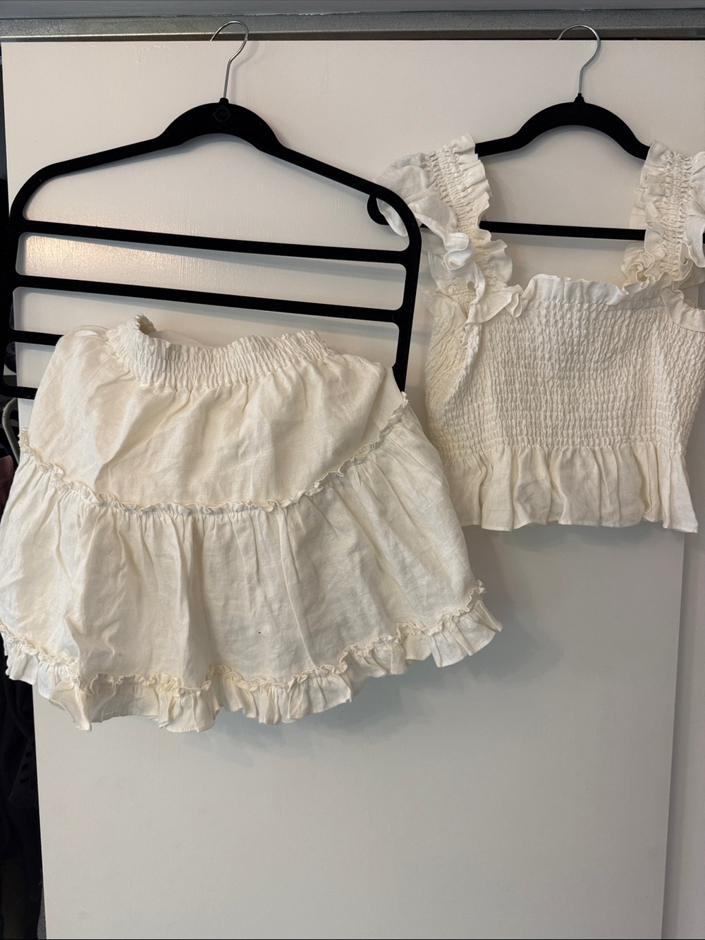 Hill House Cream Ruffle Smocked Crop Top and Mini Skirt Set